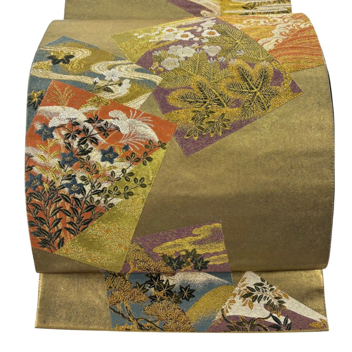 美品】 袋帯 名品 証紙あり 関西仕立て 孔雀 花唐草 刺繍 金糸 金色 六