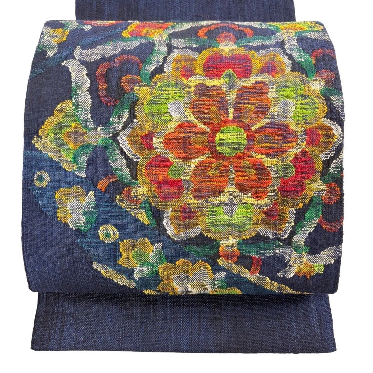 美品】 名古屋帯 優品 渡文 紬地 八寸名古屋帯 華文 草花 紺色 正絹