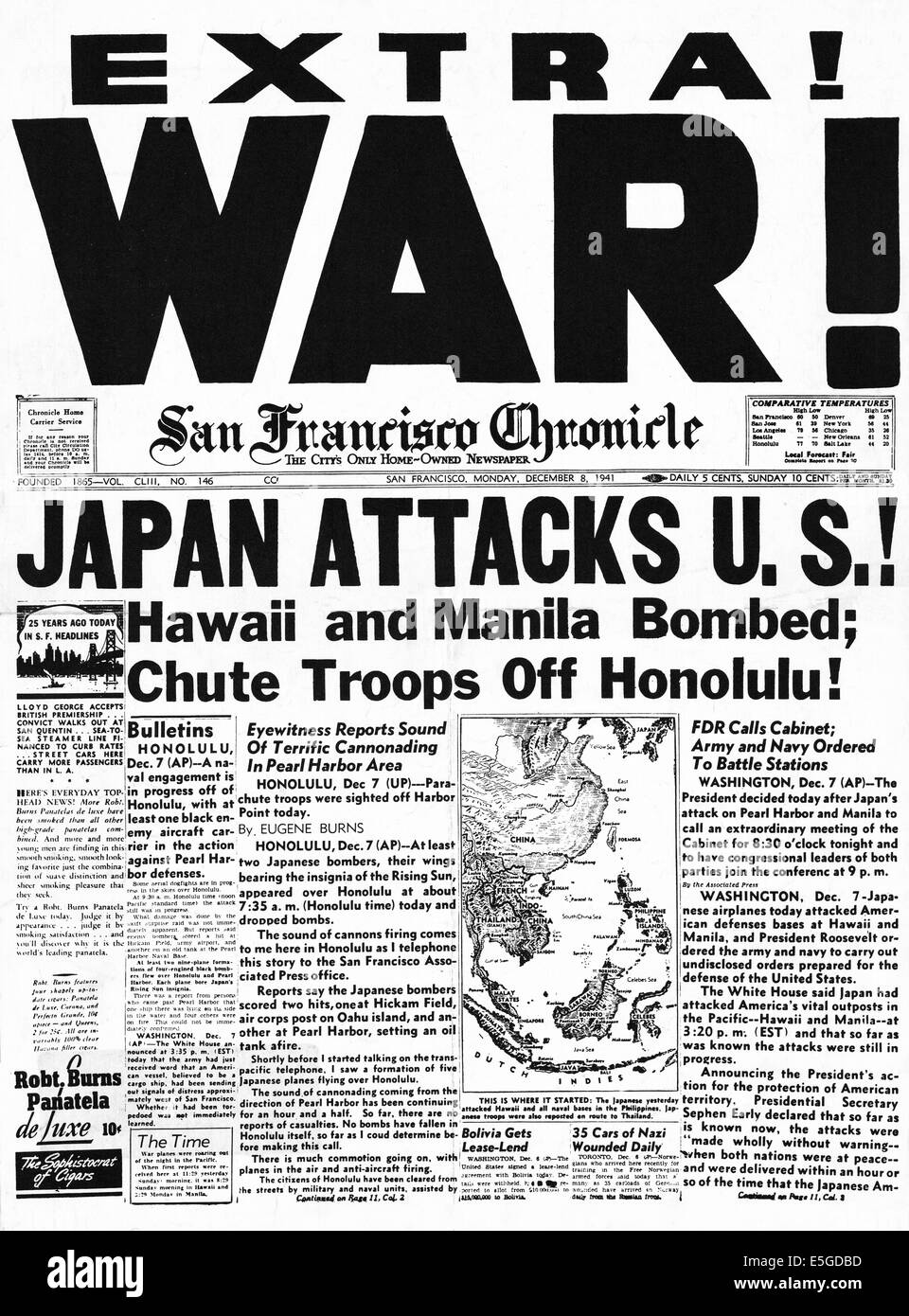 1941 The San Francisco Chronicle front page reporting Japanese
