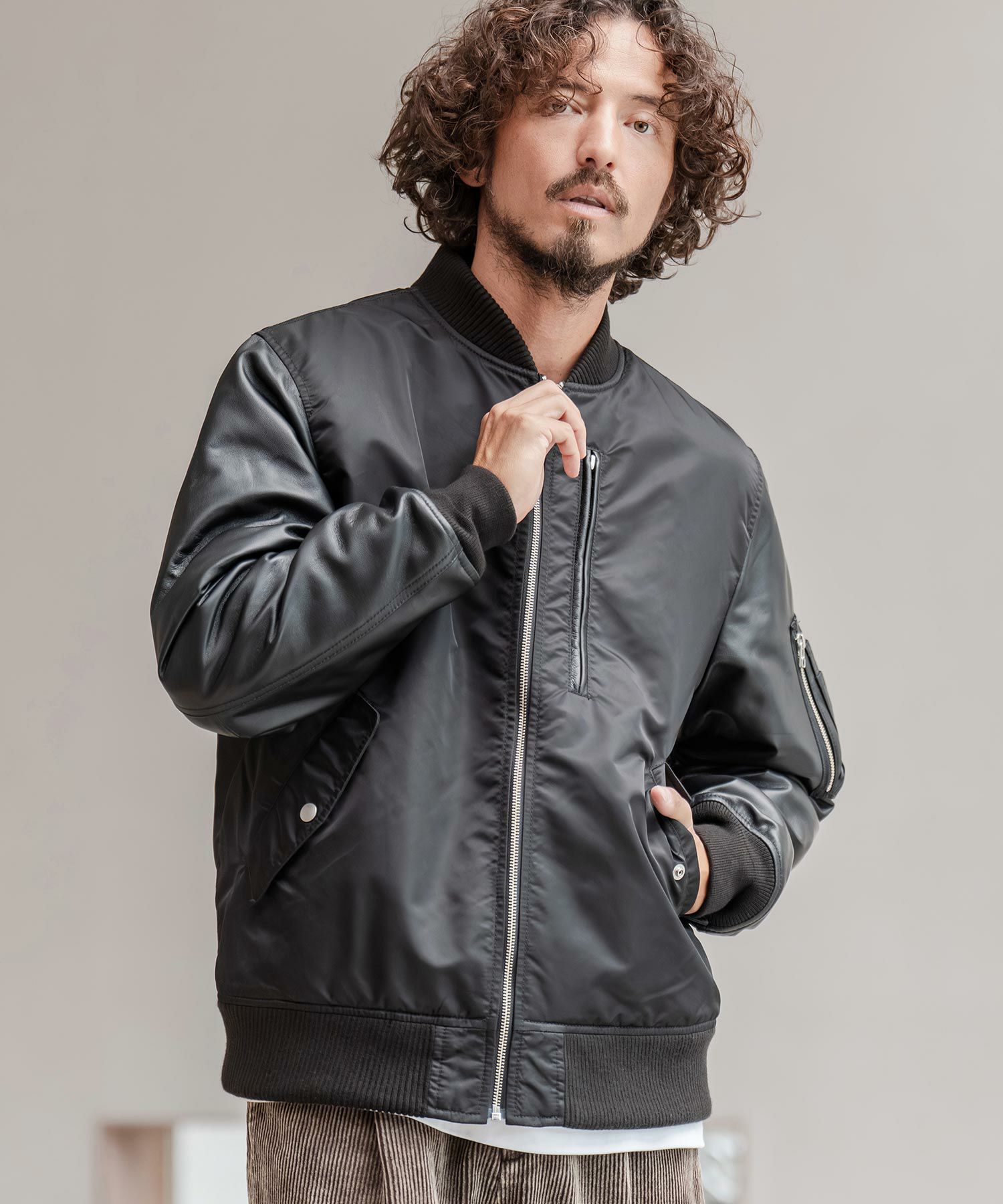 CAMBIO(カンビオ)】ナイロンツイル×レザーMA-1ジャケット | CAMBIO