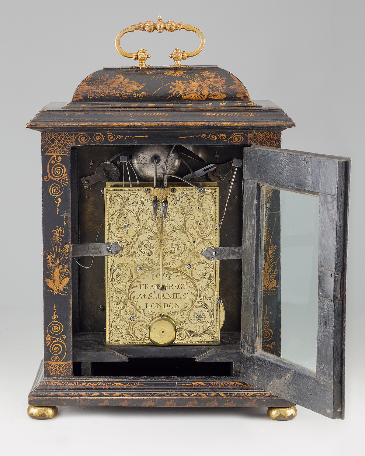 Francis Gregg, London, Black & Gilt Lacquer Striking Table Clock