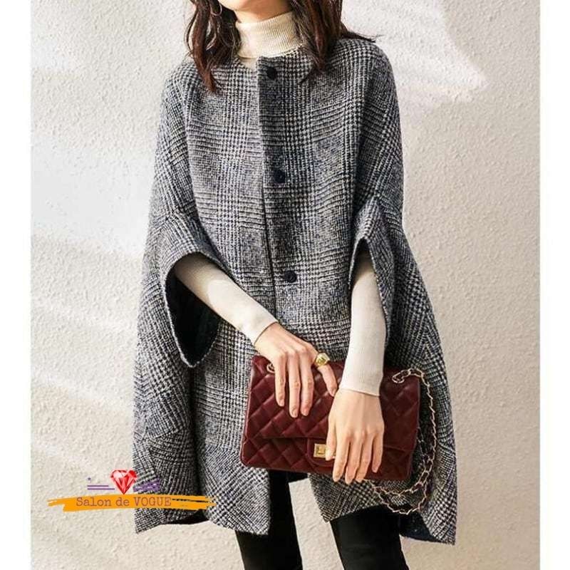 コート ケープ マントコート チェック柄 ノーカラー エレガント