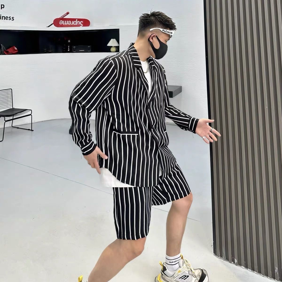 メンズストライプ上下セットシャツショートパンツ夏 (セットアップ