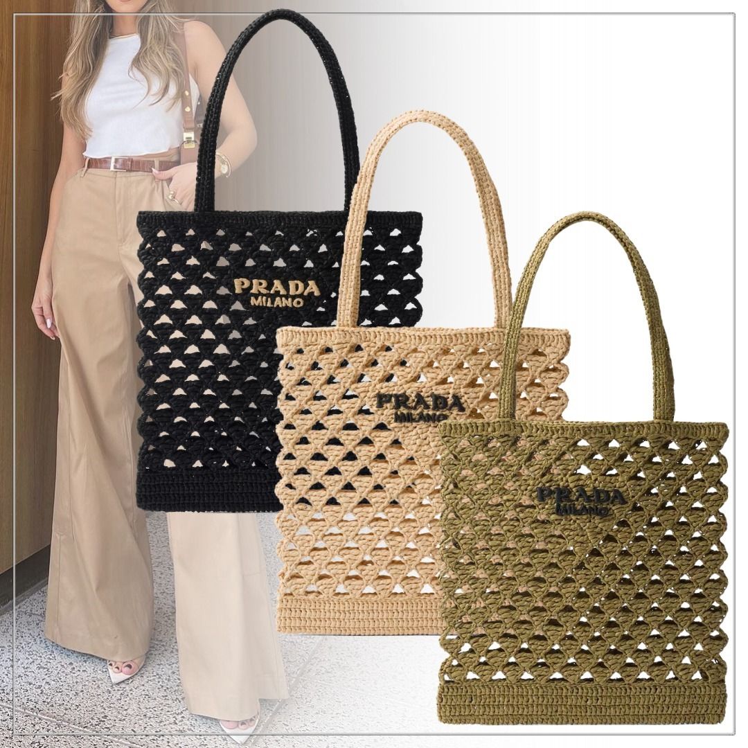 雑誌掲載】PRADA◇ラフィア風 クロシェ編み トートバッグ ロゴ (PRADA