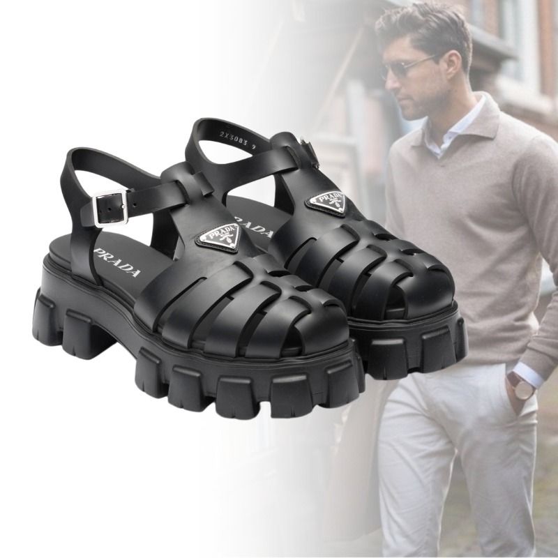 PRADA プラダ メンズ ロゴプレート モノリス ラバー サンダル (PRADA