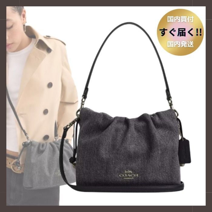 国内発送 すぐ【COACH】フェイ ドローストリング デニム バッグ (Coach