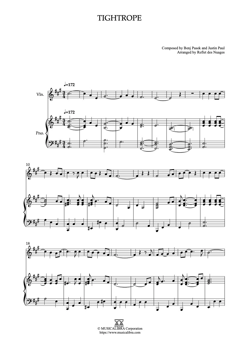 DUET SHEET MUSIC] Tightrope - Violin and Piano Chamber Ensemble