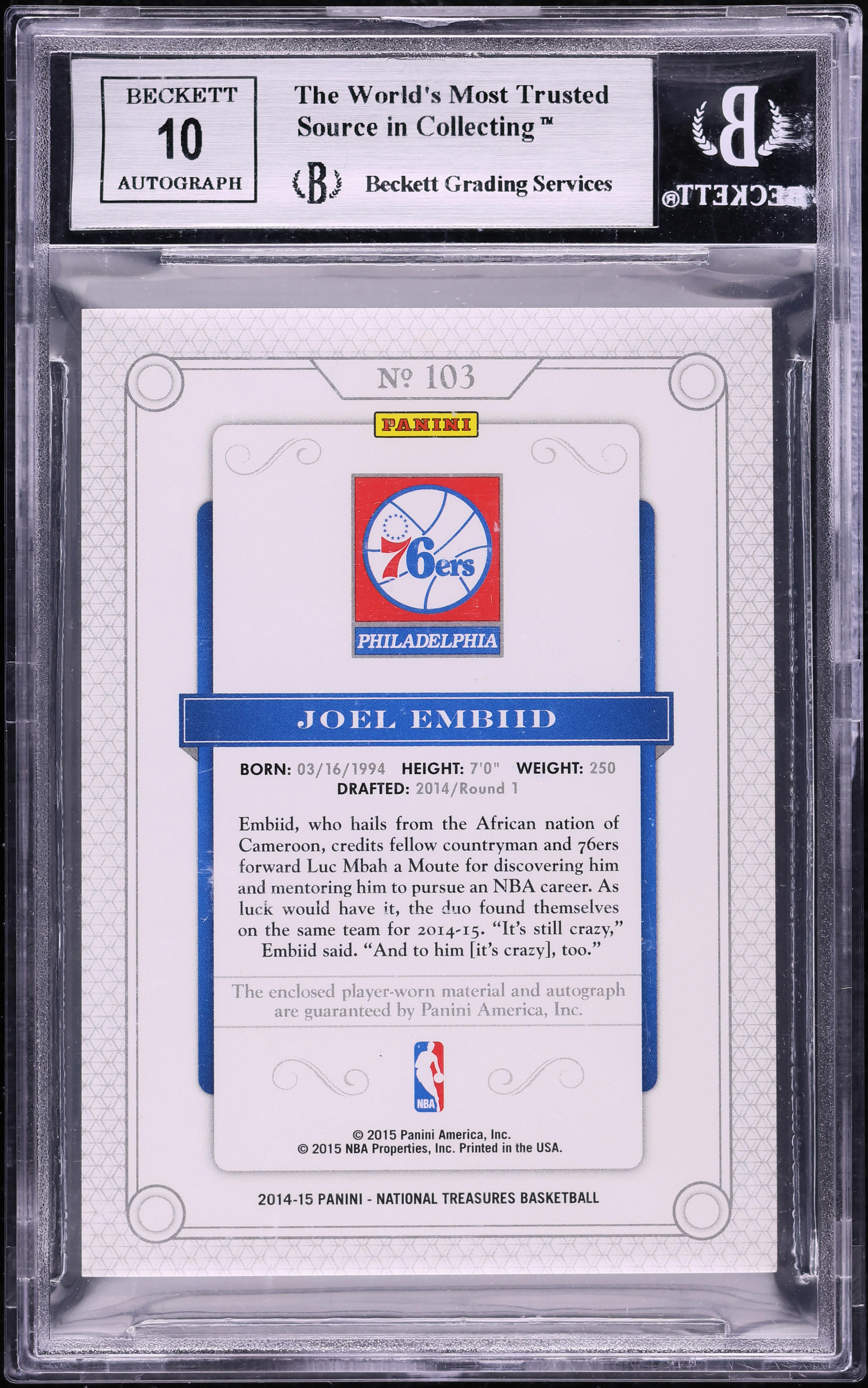2014 National Treasures Joel Embiid ROOKIE PATCH AUTO /99 #103 BGS