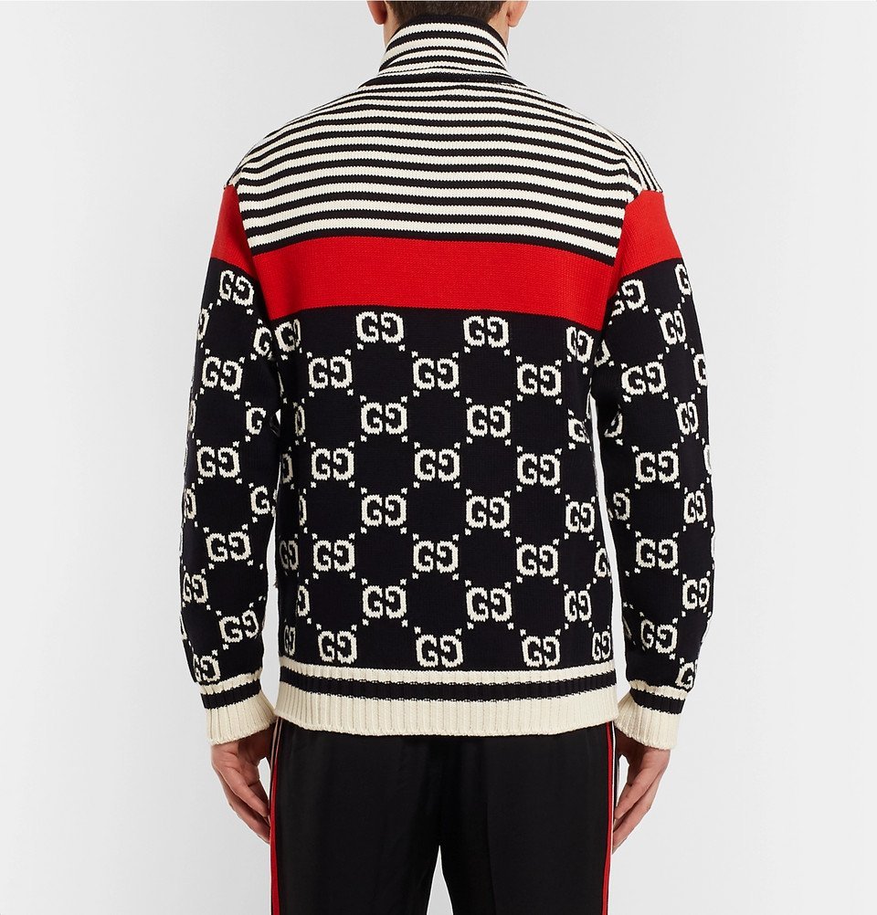 Gucci - Logo-Intarsia Striped Cotton Zip-Up Sweater - Men - Navy Gucci