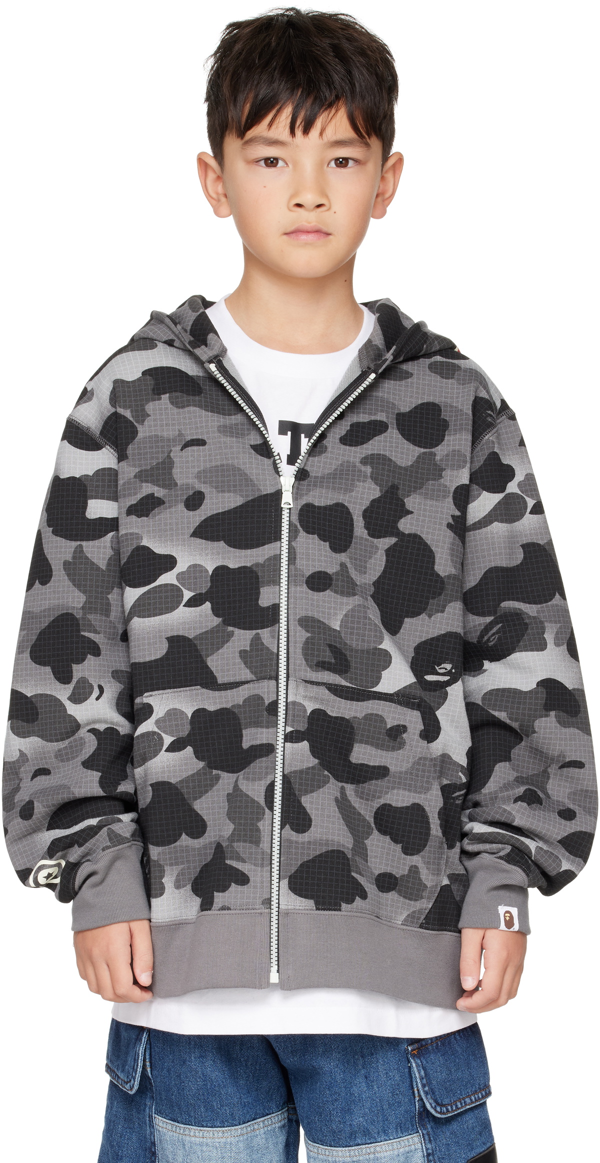 BAPE Kids Gray Grid Camo Shark Glow In The Dark Zip Hoodie A
