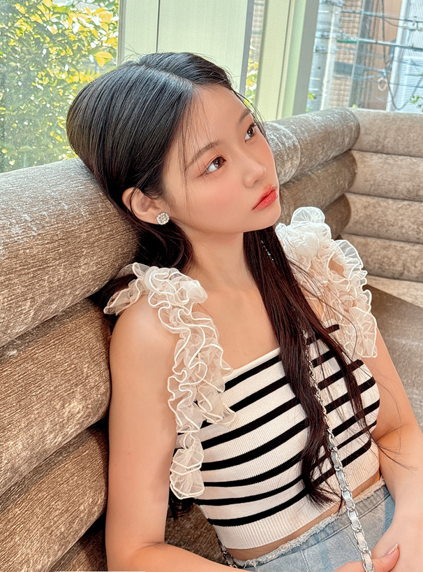 ボーダー柄チュールリボンニットキャミソール[an1558] | レディース