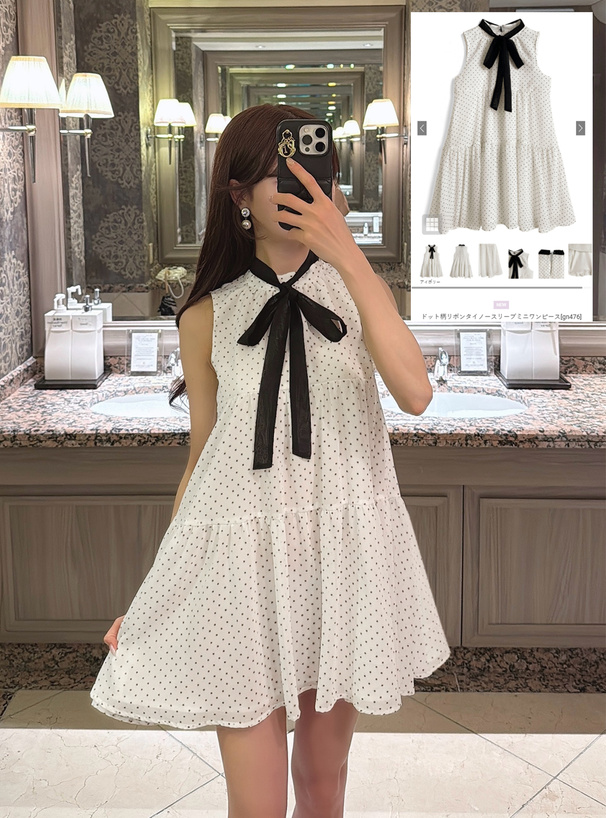 ドット柄リボンタイノースリーブミニワンピース[gn476] | レディース