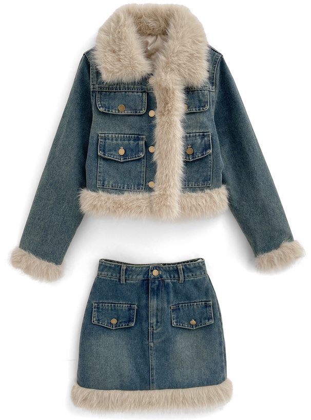 ショート丈ジャケット×ミニスカートファーデニムセットアップ[gc286