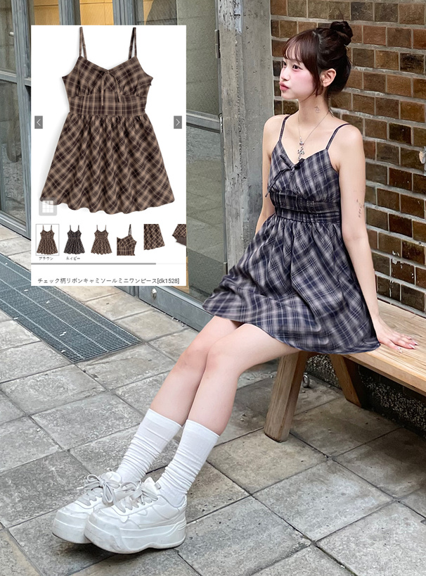 チェック柄リボンキャミソールミニワンピース[dk1528] | レディース