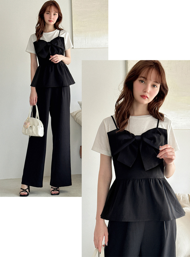 リボンビスチェドッキングTシャツ×ワイドパンツセットアップ[fs14