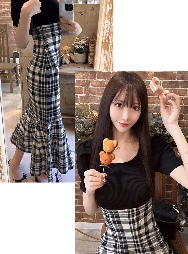 チェック柄切替マーメイドニットワンピース[kz632] | レディース