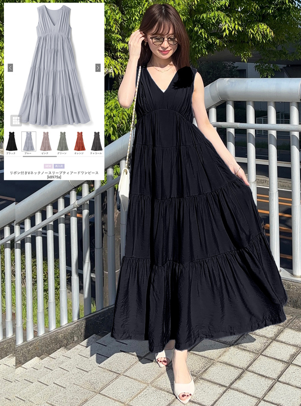 リボン付きVネックノースリーブティアードワンピース[k8975a