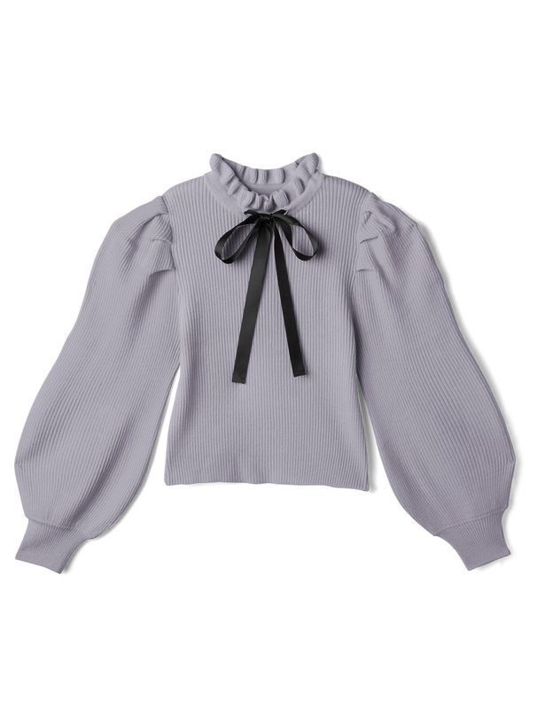 ボウタイ付きフリルネックボリュームスリーブニットトップス[mb1408