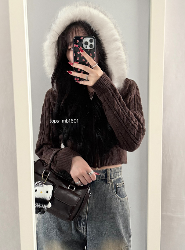 ファーフードダブルジップケーブルニットカーディガン[mb1601