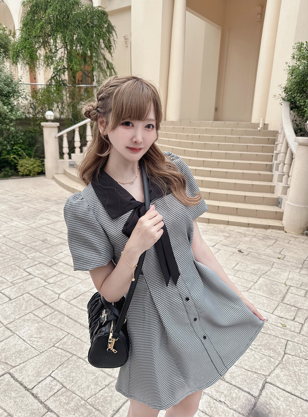 配色リボン千鳥柄パフスリーブミニワンピース[tg851] | レディース