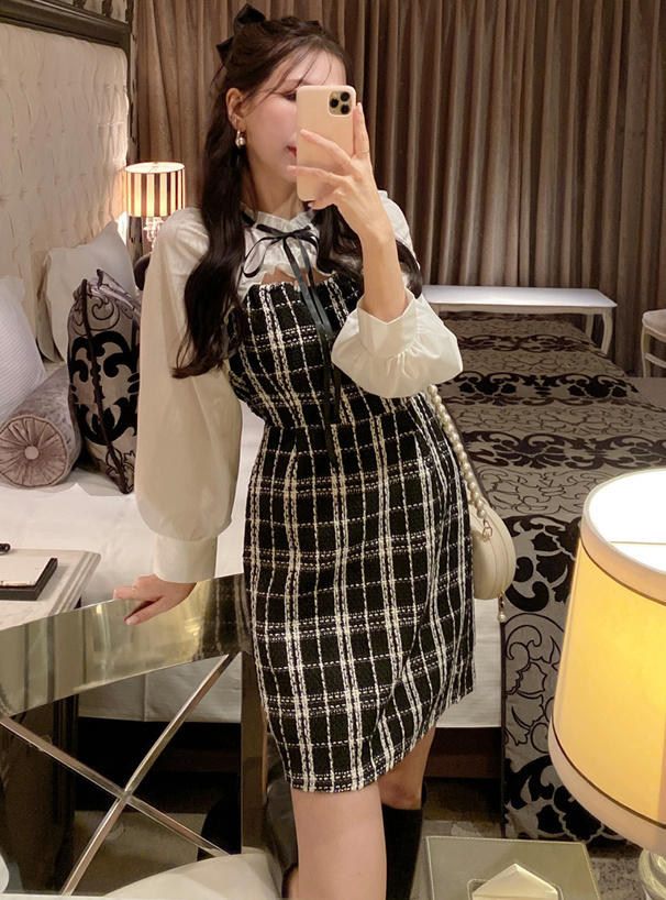 リボンタイ付きボレロドッキングチェック柄ミニワンピース[tu454