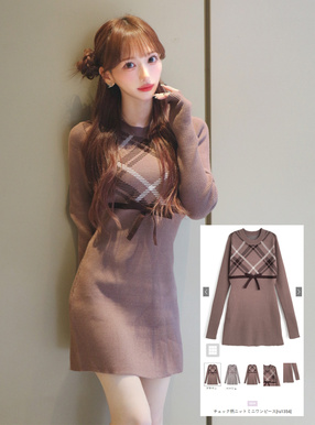 チェック柄ニットミニワンピース[ru1354] | レディースファッション