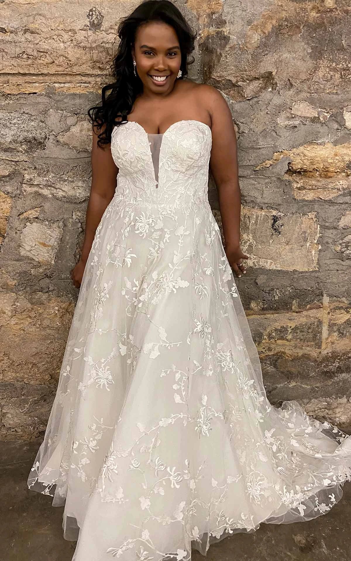 Sheer Strapless Plus Size Wedding Gown with 3D Elements - Essense