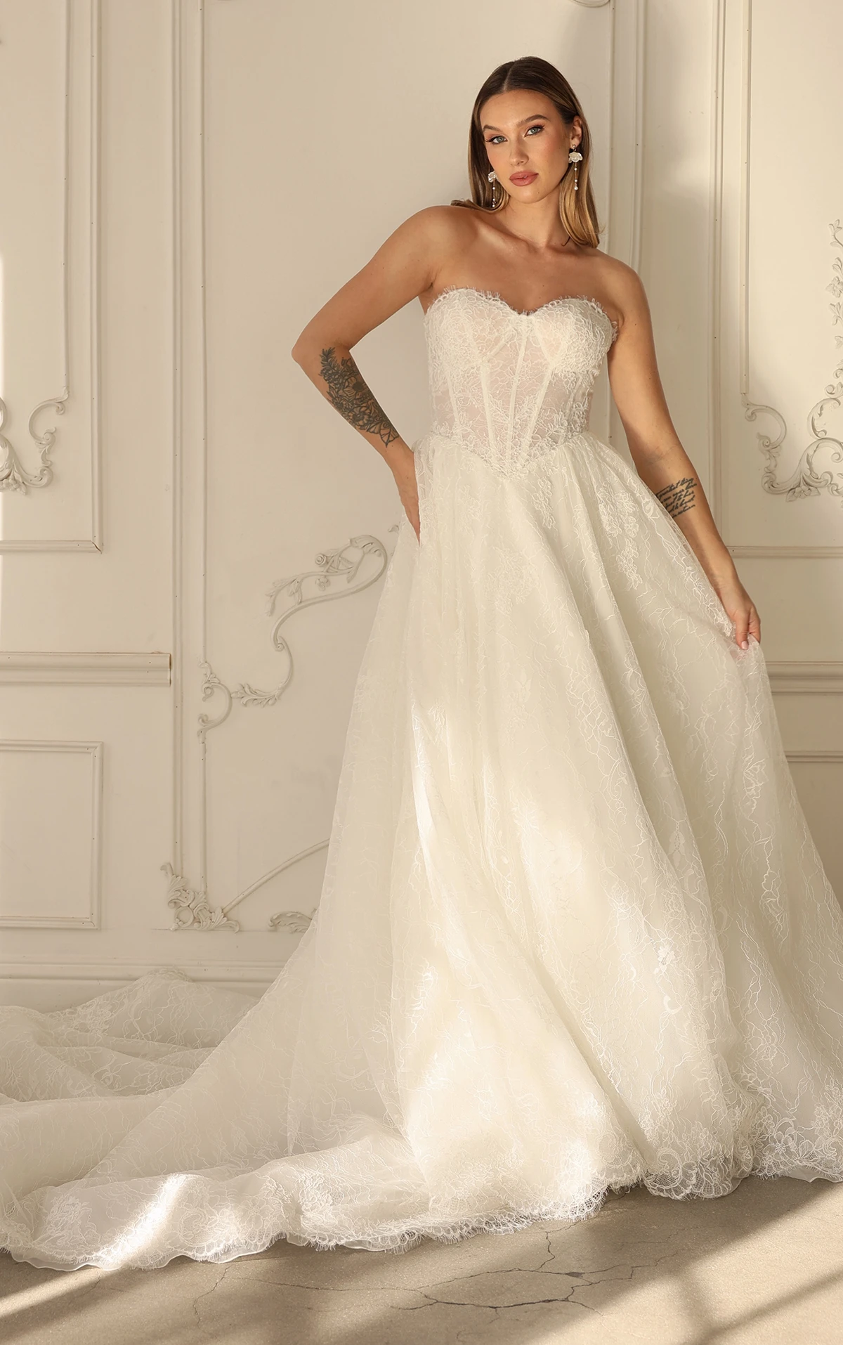 Romantic Floral Lace A-Line Wedding Dress with Corset Bodice