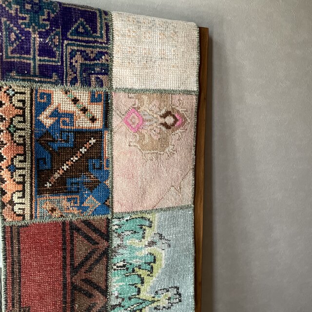 トルコヴィンテージラグ パッチワークラグ 46×87 グリーンブラウン