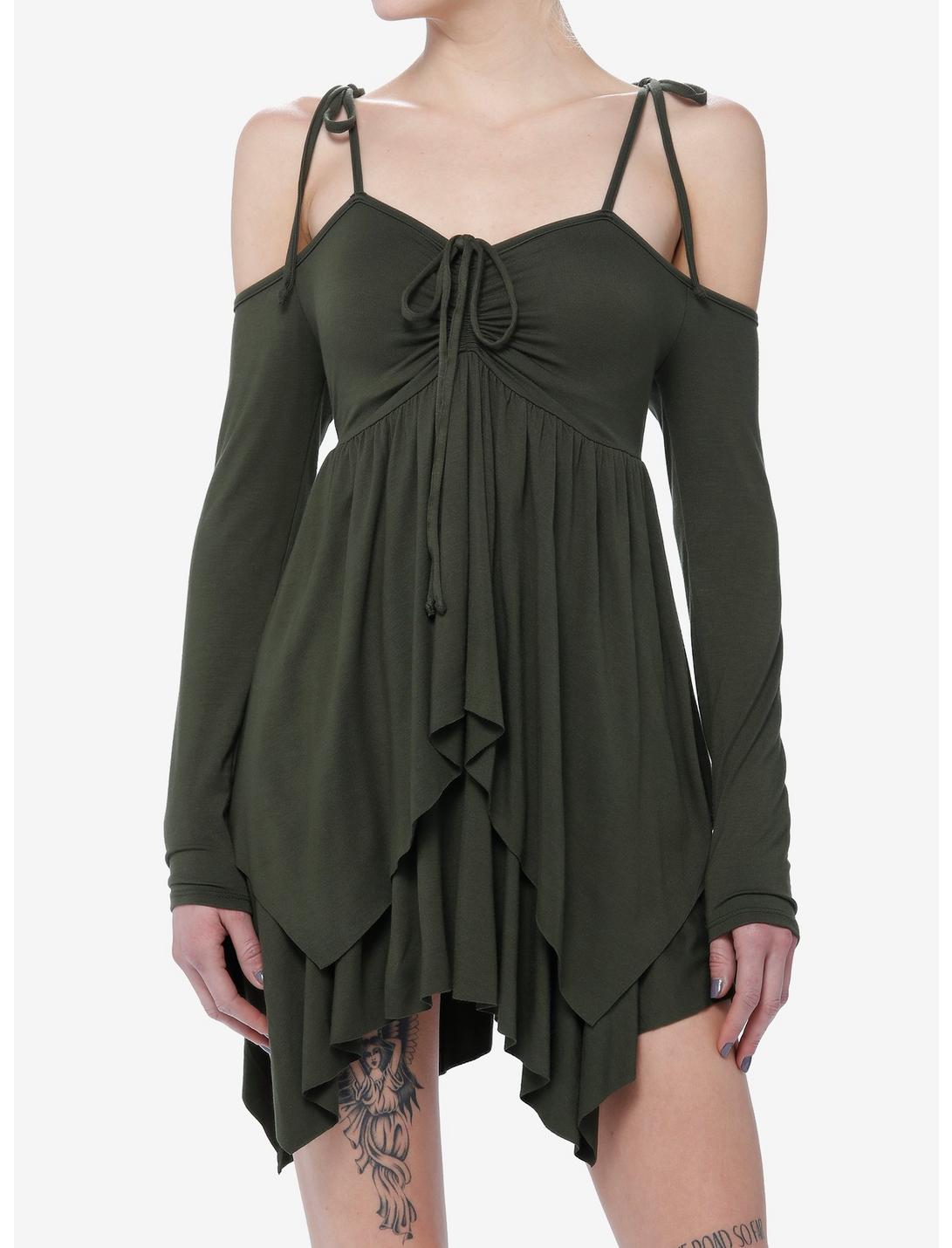 Thorn & Fable Green Hanky Hem Girls Cold Shoulder Dress | Hot Topic