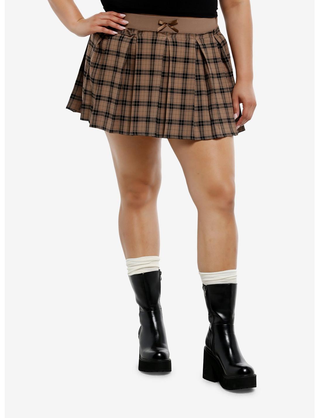 Social Collision Brown & Black Plaid Pleated Pull-On Mini Skirt