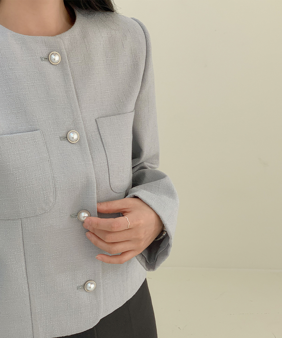 オケージョン】[original/S-L]ノーカラーツイードジャケット