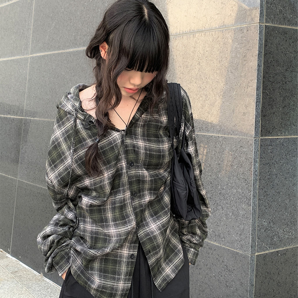 オーバーサイジングフード付きチェックシャツ | ファッション通販