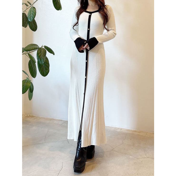 バイカラーフレアスリーブニットワンピース[品番：MKSW0060965