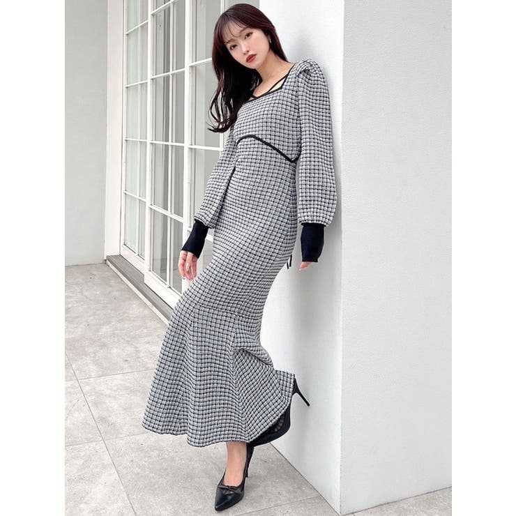 バイカラーツイードマーメイドニットワンピース[品番：MKSW0061185