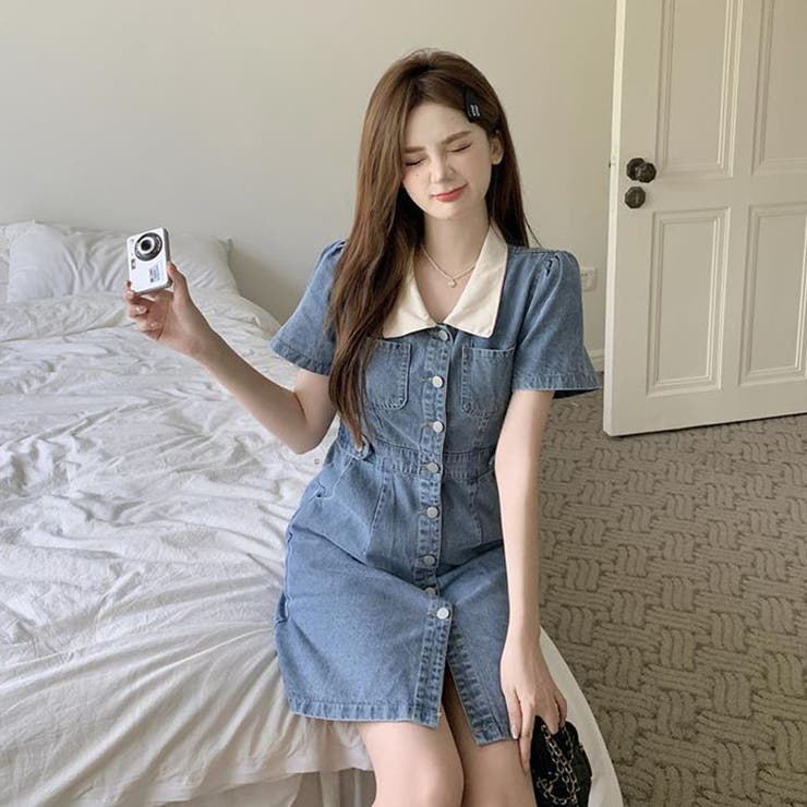 配色襟デニム半袖ミニワンピース[品番：MJNW0002666]｜me Jane（ミー