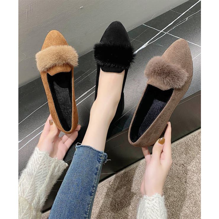 ファー付きパンプスポインテッドトゥ韓国風[品番：II000012205