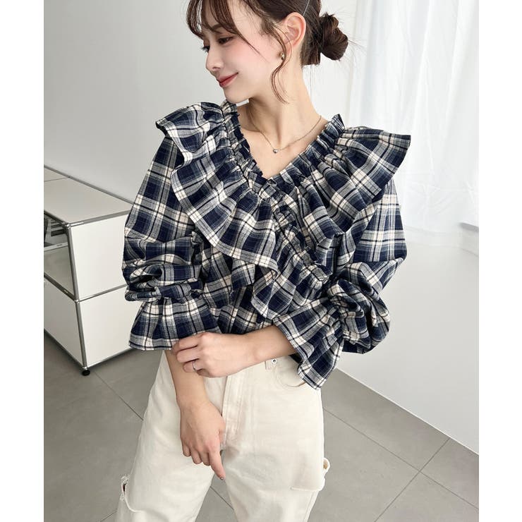マルチウェイオフショルフリルリボンショート丈長袖チェックブラウス