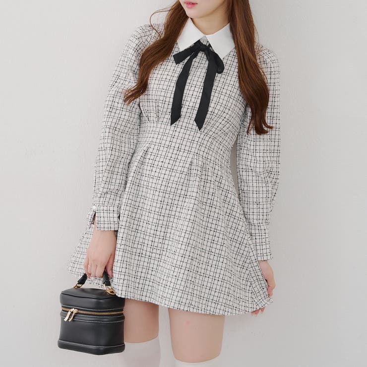 ツイードコレクション】ツイード配色衿ミニワンピース[品番