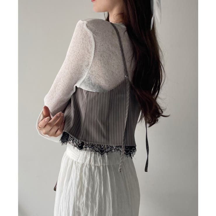 レースデザイン ストライプ キャミソール[品番：ORGW0009028]｜Ada