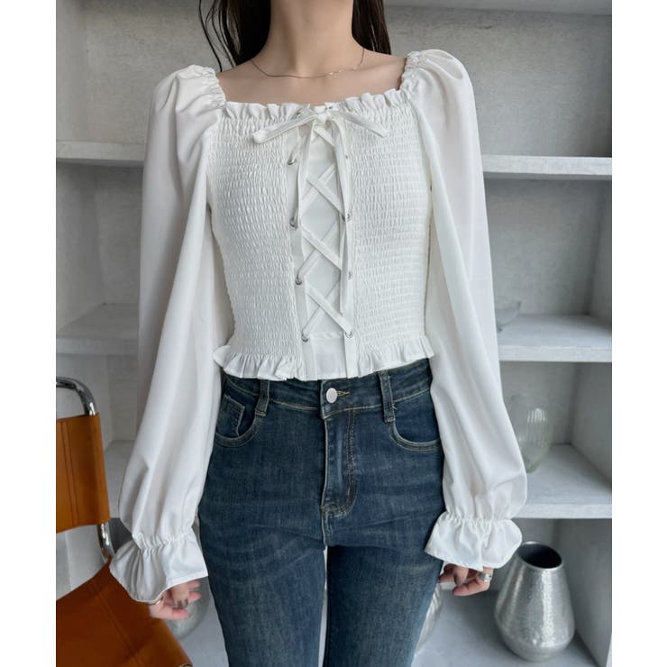 レースアップ 2WAY ボリュームスリーブ ブラウス[品番：ORGW0009366