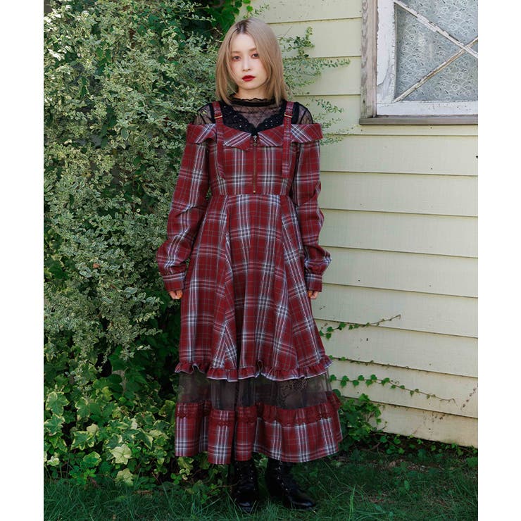 タータンチェック肩開ワンピース[品番：IGAW0006971]｜axes femme