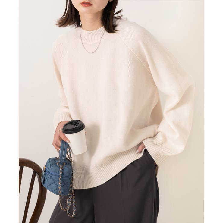 ワイド袖 ラグランニットプルオーバー クルーネック[品番：ADEW0000307