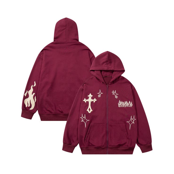 HOOK】クロスと炎刺繍ジップパーカー ストリート系 ロンT[品番