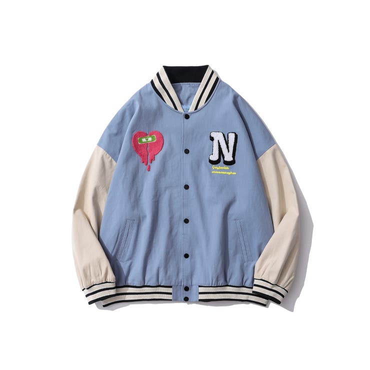 HOOK新作 アメカジ袖配色切り替えドッキングブルゾン ワッペン刺繍入り