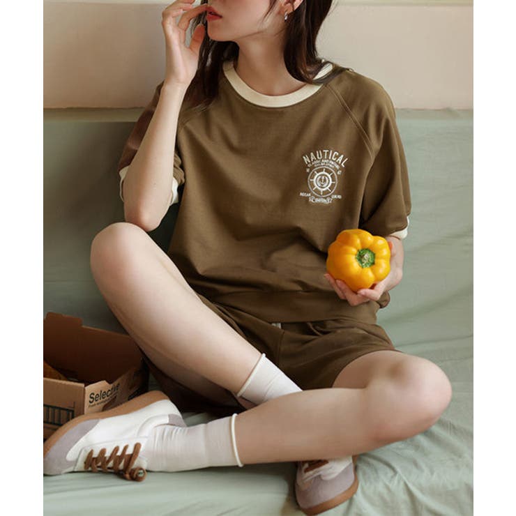 刺繍カットソーTシャツ＋ショートパンツ セットアップ ルームウェア