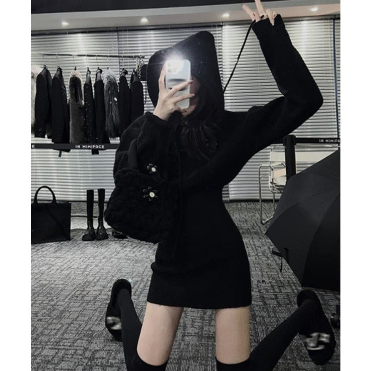 フード付きニットワンピース ミニワンピース 韓国ファッション[品番