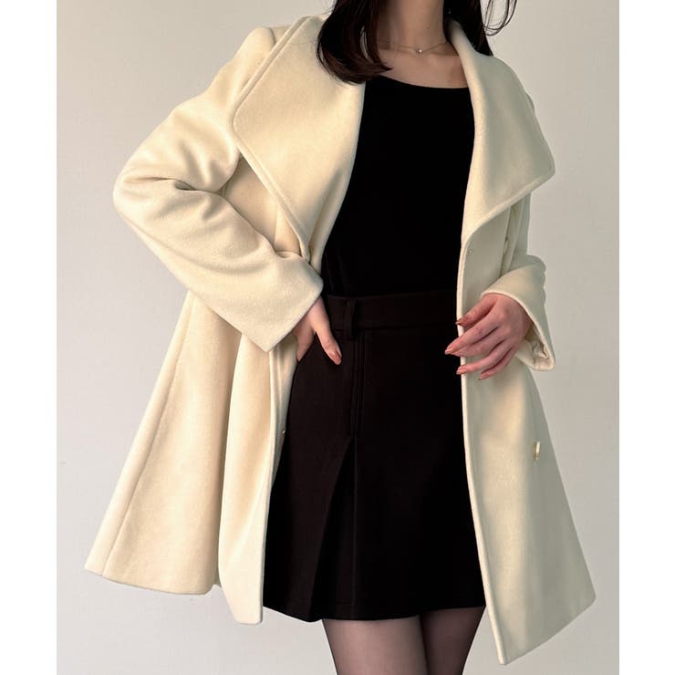 ショールカラーミドル丈ウエストシェイプフレアコート[品番