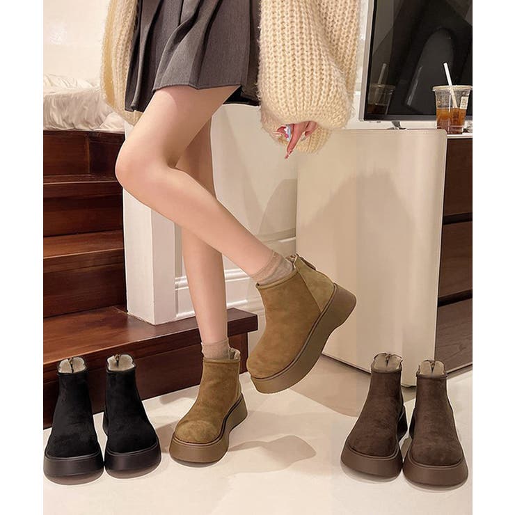 スエードタッチ厚底ショートブーツ 裏起毛[品番：AGCW0007453