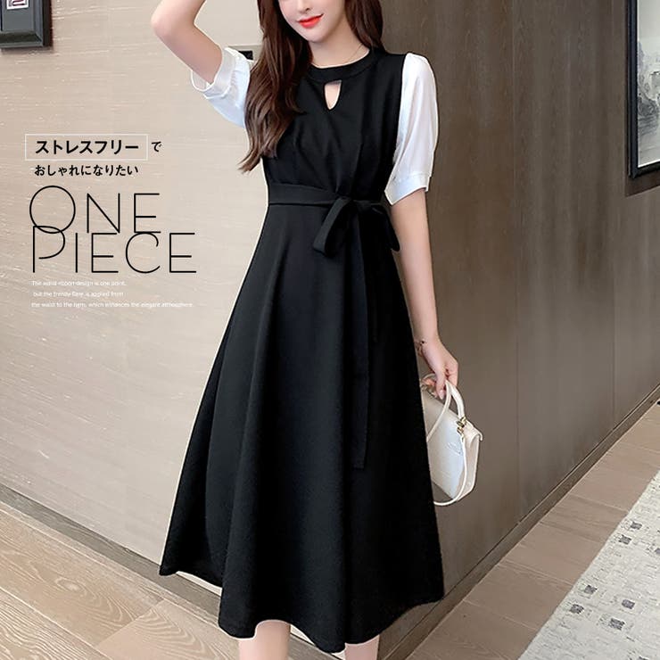 ワンピース 袖切り替えワンピ レトロ風[品番：AGCW0002186]｜SUNSHINE